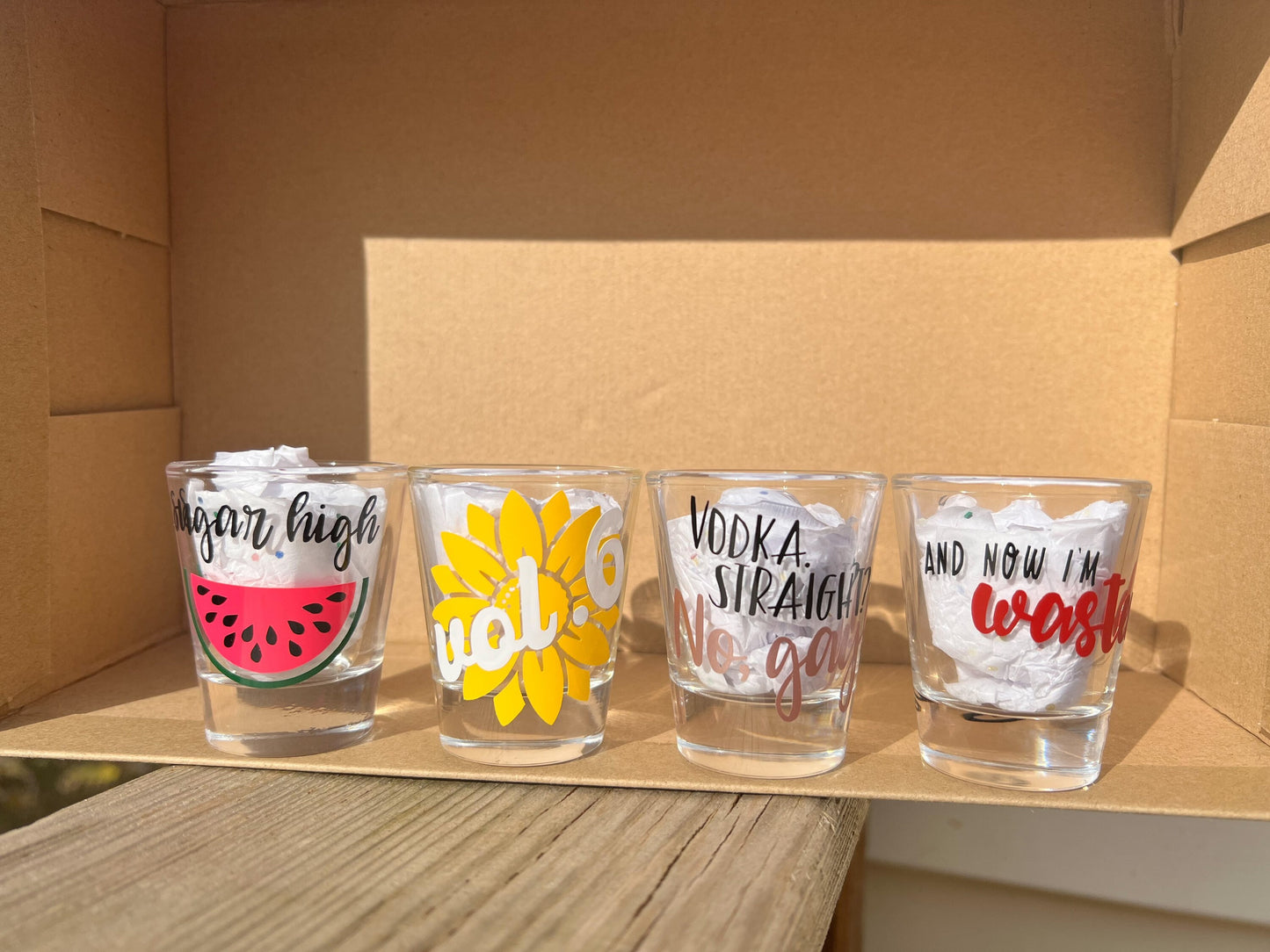 The Original Harry Shot Glass 4 Pack || Medicine, Vodka Straight No Gay, Sunflower Vol 6, Watermelon Sugar || 2 Color Options!