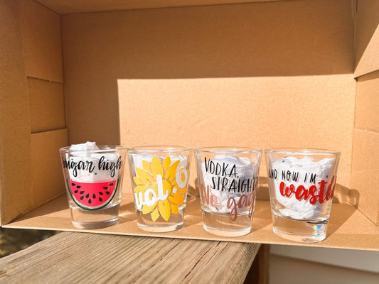 The Original Harry Shot Glass 4 Pack || Medicine, Vodka Straight No Gay, Sunflower Vol 6, Watermelon Sugar || 2 Color Options!