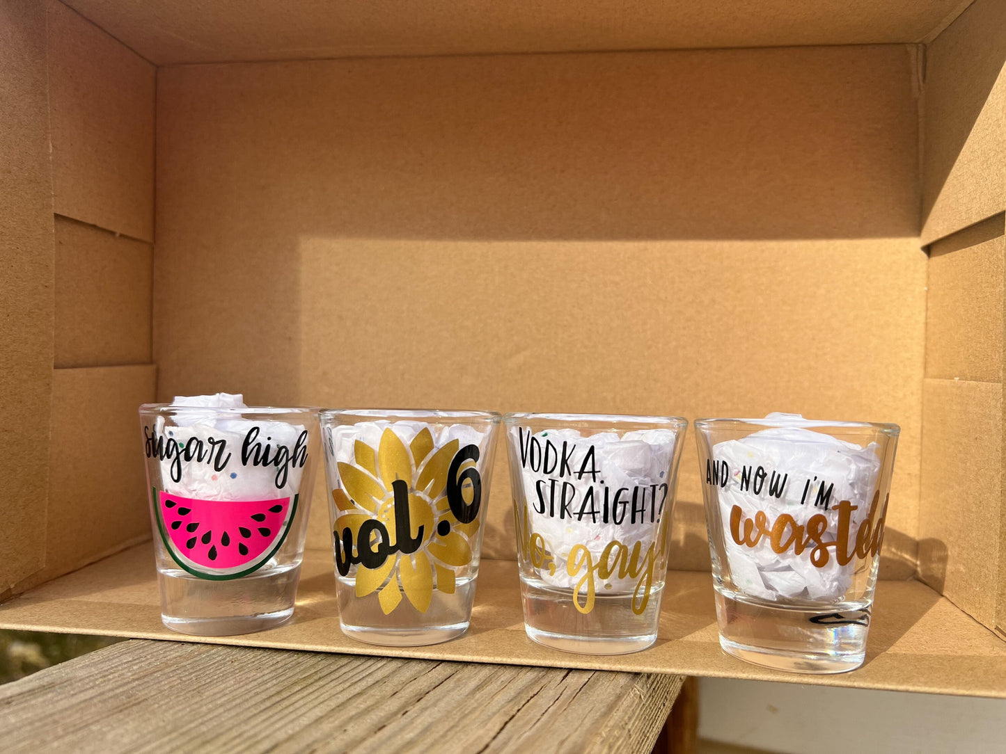 The Original Harry Shot Glass 4 Pack || Medicine, Vodka Straight No Gay, Sunflower Vol 6, Watermelon Sugar || 2 Color Options!