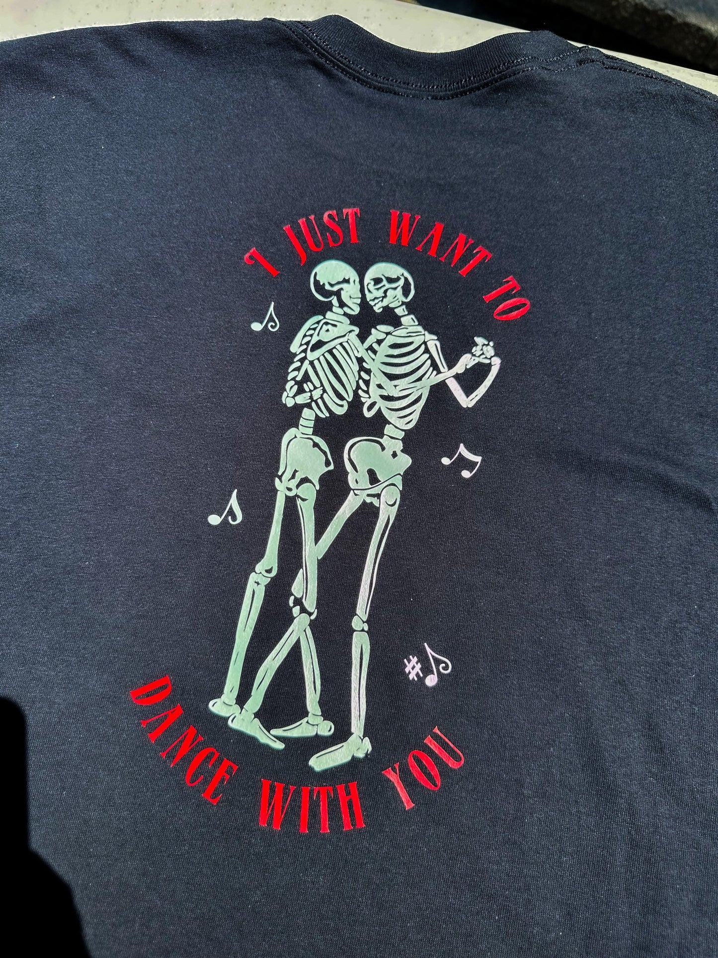 Face The Music - Dancing Skeletons || Louis Skull/Heart Tee Shirt, Crewneck, and Long Sleeve
