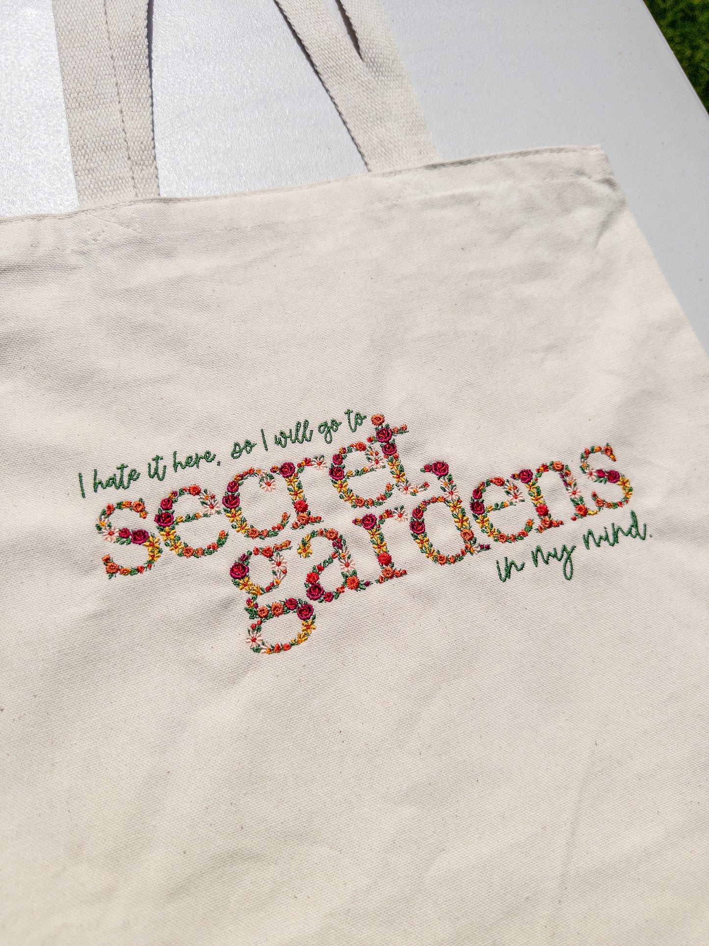 Secret Gardens ~ Hate it Here || Floral Embroidered Tee, Crewneck, Hoodie, and Tote bag