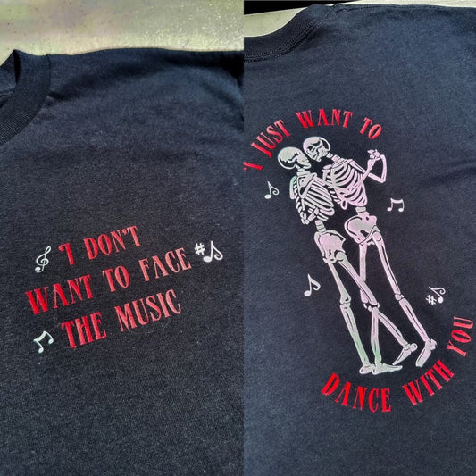 Face The Music - Dancing Skeletons || Louis Skull/Heart Tee Shirt, Crewneck, and Long Sleeve